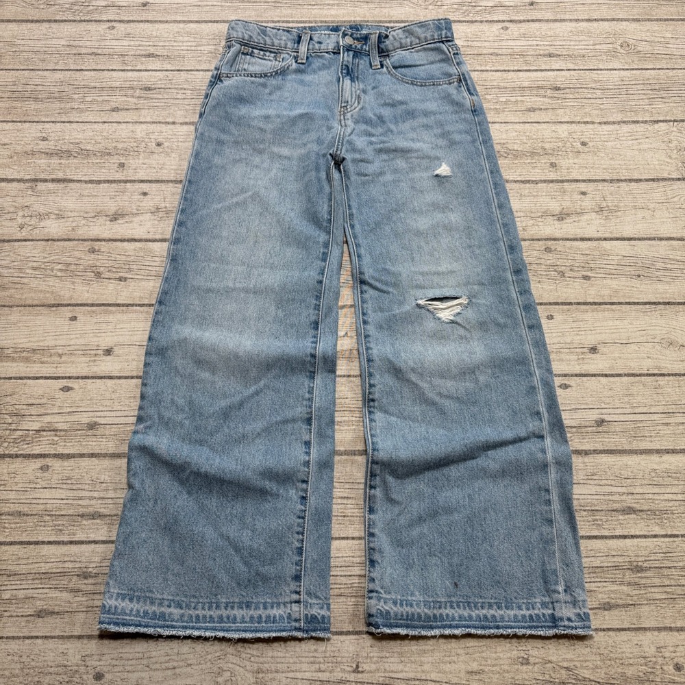 Old Navy Jeans Womens 14 Blue Light Wash High Rise Baggy Fit Wide Leg Distressed